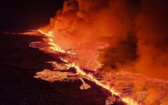 epa11036650 A handout picture provided by Iceland Civil Defense shows a volcanic eruption north of Grindavik, Iceland, 18 December 2023. The Icelandic Meteorological and Seismological Office (MET) reported late 18 December that a volcano erupted about 4 kilometers northeast of the town of Grindavik. An evacuation order for the population of Grindavik was issued early this year on 10 November 2023 following seismic activity and indications of considerable magma movement in the area.  EPA/Iceland Civil Defense (almannavarnadeild) / HANDOUT  HANDOUT EDITORIAL USE ONLY/NO SALES HANDOUT EDITORIAL USE ONLY/NO SALES