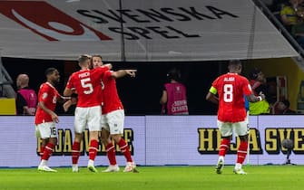 SOLNA, SWEDEN - SEPTEMBER 12: Marko Arnautovic of Austria celebrates with teammates after scoring the 0-2 goal during the UEFA EURO 2024 European qualifier match between Sweden and Austria at  on September 12, 2023 in Solna, Sweden. (Photo by Michael Campanella/Getty Images)