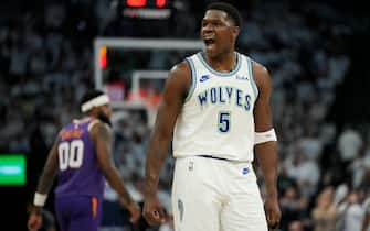 MINNEAPOLIS, MINNESOTA - APRIL 20: Anthony Edwards #5 of the Minnesota Timberwolves celebrates during the second half in game one of the Western Conference First Round Playoffs against the Phoenix Suns at Target Center on April 20, 2024 in Minneapolis, Minnesota. NOTE TO USER: User expressly acknowledges and agrees that, by downloading and or using this photograph, User is consenting to the terms and conditions of the Getty Images License Agreement. (Photo by Patrick McDermott/Getty Images)