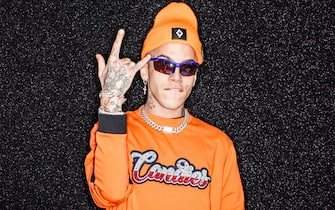 MILAN, ITALY - JANUARY 12: Italian Rapper Sfera Ebbasta is seen backstage ahead of the Marcelo Burlon County Of Milan show during Milan Menswear Fashion Week Autumn/Winter 2019/20 on January 12, 2019 in Milan, Italy. (Photo by Rosdiana Ciaravolo/Getty Images)