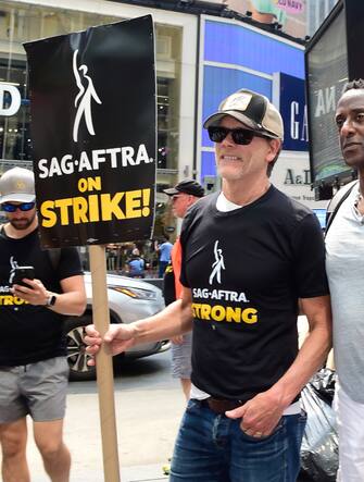 NEW YORK, NEW YORK - JULY 17: Kevin Bacon is seen on the picket line during the SAG-AFTRA strike on July 17, 2023 in New York City. (Photo by Raymond Hall/GC Images)