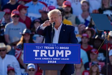 TOPSHOT - Former US President Donald Trump speaks during a 2024 election campaign rally in Waco, Texas, March 25, 2023. - Trump held the rally  at the site of the deadly 1993 standoff between an anti-government cult and federal agents. (Photo by SUZANNE CORDEIRO / AFP) (Photo by SUZANNE CORDEIRO/AFP via Getty Images)