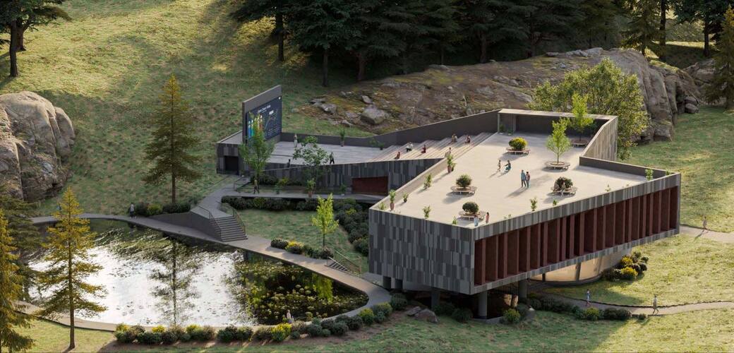 The Kvareli Foundation for Contemporary Art. Architectural rendering — aerial view with rooftop terrace and amphitheatre. Courtesy Midamo