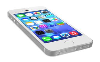 Silver iPhone 5s showing the home screen with iOS7.