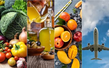 verdura, olio d'oliva, frutta e un aereo