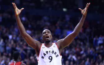 TORONTO, ON - MARCH 5:  Serge Ibaka #9 of the Toronto Raptors reacts during the second half of an NBA game against the Houston Rockets at Scotiabank Arena on March 5, 2019 in Toronto, Canada.  NOTE TO USER: User expressly acknowledges and agrees that, by downloading and or using this photograph, User is consenting to the terms and conditions of the Getty Images License Agreement.  (Photo by Vaughn Ridley/Getty Images)