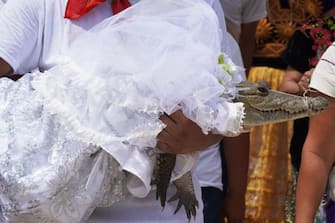 Villagers walk a spectacled caiman (Caiman crocodilus) called "La NiÃ±a Princesa" ("The Princess Girl"), dressed as a bride, before being married to the Mayor in San Pedro Huamelula, Oaxaca state, Mexico on June 30, 2023. This ancient ritual of more than 230 years unites two ethnic groups in marriage to bring prosperity and peace. The spectacled caiman (Caiman crocodilus) is paraded around the community before being dressed as a bride and marrying the Mayor. According to beliefs, this union between the human and the divine will bring blessings such as a good harvest and abundant fishing. (Photo by RUSVEL RASGADO / AFP) (Photo by RUSVEL RASGADO/AFP via Getty Images)
