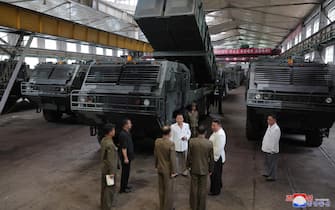 epa10799316 An undated photo released by the official North Korean Central News Agency (KCNA) on 14 August 2023 shows North Korean leader Kim Jong Un (2-R) inspecting major munitions factories at an undisclosed location in North Korea. According to KCNA, the North Korean leader visited major munitions factories from 11-12 August 2023, including a factory producing tactical missiles.  EPA/KCNA PIXELATION FROM SOURCE  EDITORIAL USE ONLY