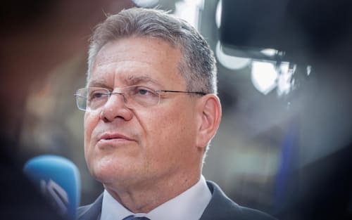 epa12237141 Maros Sefcovic, EU Commissioner for Trade and Economic Security, Inter-institutional Relations and Transparency, speaks at the press point prior to chairing the Foreign Affairs Council (Trade) in Brussels, Belgium, 14 July 2025.  EPA/OLIVIER MATTHYS
