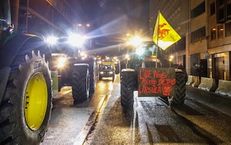 Farmers with tractors take part in a protest action in the European district in Brussels, organized by general farmers union ABS (Algemeen Boerensyndicaat) to demand better conditions to grow, produce and maintain a proper income, on the day of a European Council meeting on February 1, 2024. EU leaders are to gather in Brussels on February 1, 2024, for a meeting of the European Council, where they will discuss aid to Ukraine as the war nears its second anniversary. Several hundred farmers also planned to converge their tractors on Brussels on February 1, 2024, to bring the grievances of the agriculture protest movement to the EU's doorstep -- with the flood of cheaper Ukrainian imports triggered by the conflict high on their list of complaints. (Photo by HATIM KAGHAT / Belga / AFP) / Belgium OUT (Photo by HATIM KAGHAT/Belga/AFP via Getty Images)