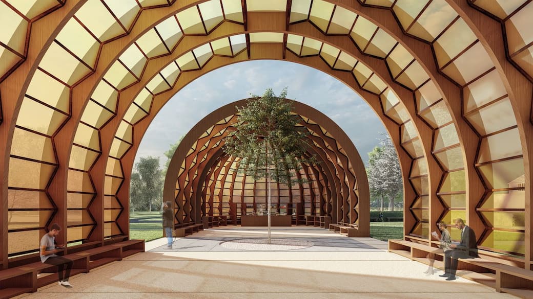 Serpentine 2025 Pavilion A Capsule in Time, designed by Marina Tabassum, Marina Tabassum Architects (MTA). Design render, interior view. Photo: © Marina Tabassum Architects (MTA). Courtesy Serpentine.