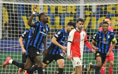 Inter Milan’s forward Marcus Thuram (L) celebrates after scoring during the UEFA Champions League Round of 16 second leg soccer match between Inter Milan and Feyenoord at the Giuseppe Meazza Stadium in Milan, Italy, 11 March 2025. ANSA/DANIEL DAL ZENNARO