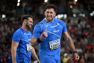 BUDAPEST, HUNGARY - AUGUST 19:  Leonardo Fabbri of Team Italy reacts after competing in the Men's Shot Put Final during day one of the World Athletics Championships Budapest 2023 at National Athletics Centre on August 19, 2023 in Budapest, Hungary. (Photo by David Ramos/Getty Images)