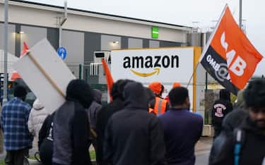 Amazon staff members on a GMB union picket line outside the online retailer's site in Coventry, as they take part in a strike in their long-running dispute over pay, held on Black Friday - one of the busiest shopping days of the year. Strikes and demonstrations are also being held in other European countries and the US, which unions say will be the biggest day of action in Amazon's history. Picture date: Friday November 24, 2023. (Photo by Jacob King/PA Images via Getty Images)