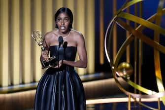 Jan 15, 2024; Los Angeles, CA, USA; Ayo Edebiri accepts the award for outstanding supporting actress in a comedy series during the 75th Emmy Awards at the Peacock Theater in Los Angeles on Monday, Jan. 15, 2024. Mandatory Credit: Robert Hanashiro-USA TODAY/Sipa USA