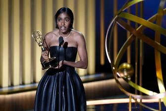 Jan 15, 2024; Los Angeles, CA, USA; Ayo Edebiri accepts the award for outstanding supporting actress in a comedy series during the 75th Emmy Awards at the Peacock Theater in Los Angeles on Monday, Jan. 15, 2024. Mandatory Credit: Robert Hanashiro-USA TODAY/Sipa USA