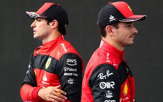 Carlos Sainz and Charles Leclerc of Ferrari after the qualifying for the Formula 1 Hungarian Grand Prix at Hungaroring in Budapest, Hungary on July 30, 2022. (Photo by Jakub Porzycki/NurPhoto via Getty Images)