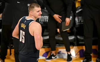 LOS ANGELES, CA - APRIL 27: Nikola Jokic (15) of the Denver Nuggets leaves the court as the clock ticks down during the second half of the Los Angeles Lakers' 119-108 win at Crypto.com Arena in Los Angeles on Saturday, April 27, 2024. (Photo by AAron Ontiveroz/The Denver Post)