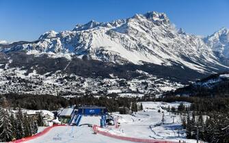 A general view shows the Olympia delle Tofane ski slope and the skyline during the Women's Downhill training on February 12, 2021 during the FIS Alpine World Ski Championships in Cortina d'Ampezzo, Italian Alps. (Photo by Fabrice COFFRINI / AFP) (Photo by FABRICE COFFRINI/AFP via Getty Images)