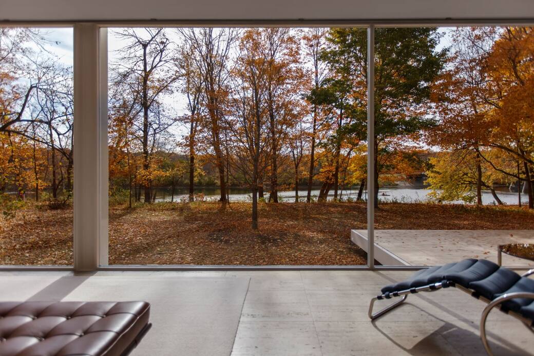 INHABIT: Edith Farnsworth House and Environs in Four Seasons - Fall Interior Daytime. Credit Tom Rossiter