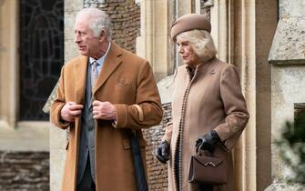 King Charles III and Queen Camilla leave after attending the Christmas Day morning church service at St Mary Magdalene Church in Sandringham, Norfolk. Picture date: Monday December 25, 2023. (Photo by Joe Giddens/PA Images via Getty Images)