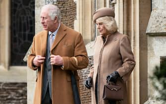 King Charles III and Queen Camilla leave after attending the Christmas Day morning church service at St Mary Magdalene Church in Sandringham, Norfolk. Picture date: Monday December 25, 2023. (Photo by Joe Giddens/PA Images via Getty Images)