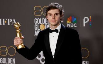 BEVERLY HILLS, CALIFORNIA - JANUARY 10: Evan Peters poses with the Best Actor in a Limited or Anthology Series or Television Film award for "Dahmer â   Monster: The Jeffrey Dahmer Story" in the press room during the 80th Annual Golden Globe Awards at The Beverly Hilton on January 10, 2023 in Beverly Hills, California. (Photo by Frazer Harrison/WireImage)