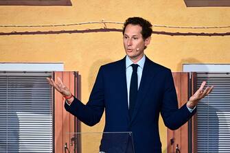 TURIN, ITALY - JULY 04: John Elkann, President of Stellantis speaks during the "Fiat, The Future Is On Track" press presentation of the new Fiat Topolino and new Fiat 600 on July 4, 2023 in Turin, Italy. (Photo by Stefano Guidi/Getty Images)