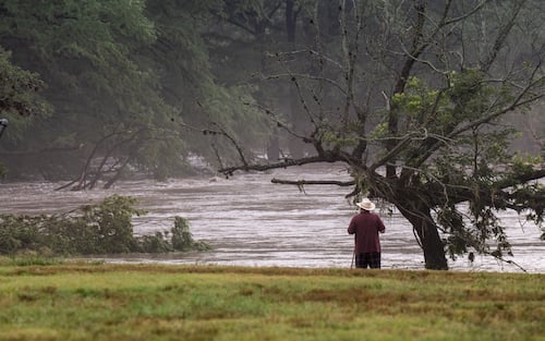 COMFORT, TEXAS - JULY 04: Comfort resident Reagan Arnold observes rising water levels near his home along the Guadalupe River on July 4, 2025 in Comfort, Texas. Heavy rainfall caused flooding along the Guadalupe River in central Texas with multiple fatalities reported. (Photo by Eric Vryn/Getty Images)