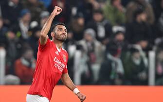 Benfica's vangelis Pavlidis jubilates after scoring the gol (0-1) during the UEFA Champions League soccer match Juventus FC vs SL Benfica at the Allianz Stadium in Turin, Italy, 29 January 2025 ANSA/ALESSANDRO DI MARCO