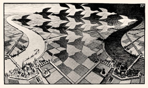 Maurits Cornelis Escher, Day and Night, 1938 Xylographie, 391 x 677 mm. Collection M.C. Escher Heritage, Pays-Bas All M.C. Escher works © 2025 The M.C. Escher Company, The Netherlands. All rights reserved www.mcescher.com