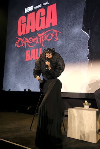 LOS ANGELES, CALIFORNIA - MAY 23: Lady Gaga speaks onstage during The World Premiere Fan Screening Of HBO Original â  Gaga Chromatica Ballâ   at Nya Studios on May 23, 2024 in Los Angeles, California. (Photo by David Jon/Getty Images for HBO)