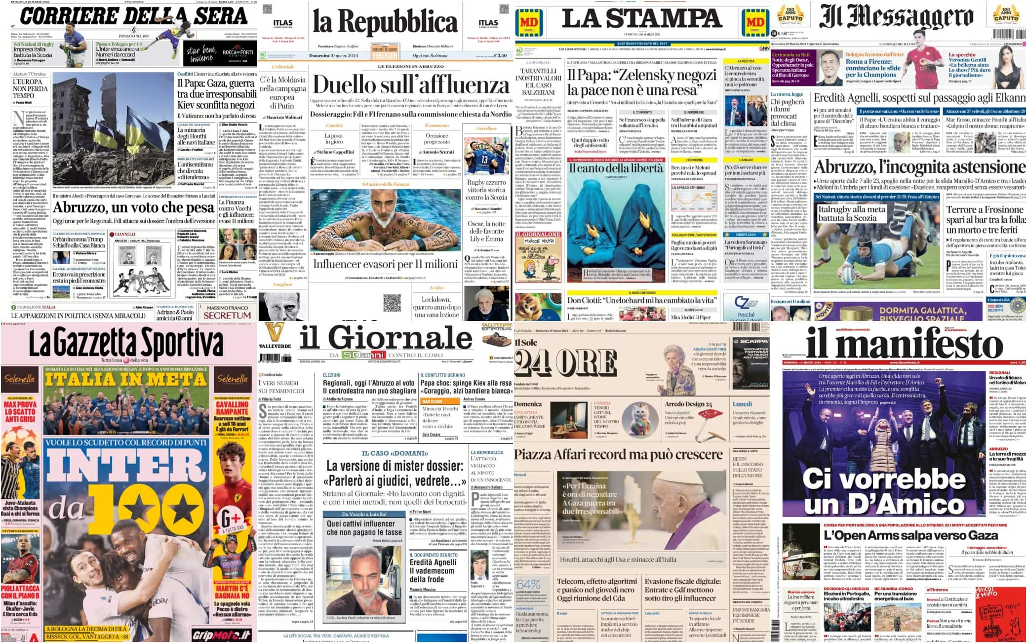 Le prime pagine dei quotidiani di oggi 10 marzo la rassegna