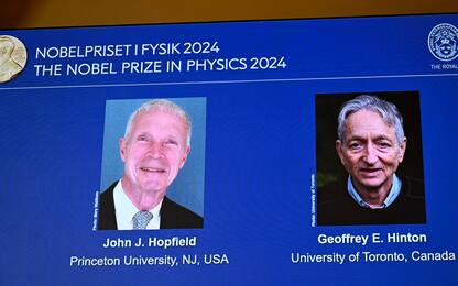 epa11648732 A screen shows the pictures of the 2024 Nobel Prize laureates in Physics, during a press conference in Stockholm, Sweden, 08 October 2024. The Royal Swedish Academy of Sciences has decided to award the Nobel Prize in Physics 2024 to John J. Hopfield and Geoffrey E. Hinton 'for foundational discoveries and inventions that enable machine learning with artificial neural networks', the Nobel statement reads.  EPA/Christine Olsson/TT  SWEDEN OUT
