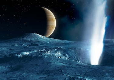 Geyser on Europa, illustration. Europa is the smallest of the four Galilean moons of Jupiter, and the second closest to the planet. Its surface is icy and relatively smooth. Impacting meteorites cause melting of the surface, allowing the water to smooth out before refreezing. There is some evidence of large-scale movements of the ice, possibly supported by a liquid mantle and driven by thermal processes within the moon. Ice geysers have been seen on this moon, as in this illustration - jets of water-rich material spewing 200 km into space.