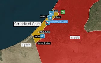 Mappa della Striscia di Gaza, in giallo, e dei territori confinanti di Israele, in rosso