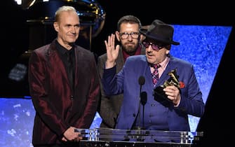 Jan 26, 2020; Los Angeles, CA, USA;  Elvis Costello & The Imposters accept the award for best traditional pop vocal album for ÒLook NowÓ  during the 62nd annual GRAMMY Awards Premiere Ceremony on Jan. 26, 2020 at the Microsoft Theater in Los Angeles, Calif. Mandatory Credit: Robert Hanashiro-USA TODAY/Sipa USA