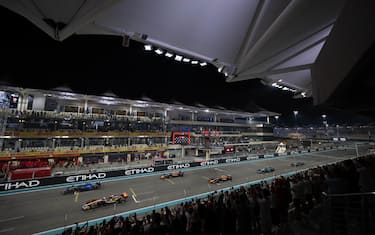 YAS MARINA CIRCUIT, UNITED ARAB EMIRATES - NOVEMBER 24: Alex Albon, Williams FW45, Oscar Piastri, McLaren MCL60, Sergio Perez, Red Bull Racing RB19, Max Verstappen, Red Bull Racing RB19, and Lance Stroll, Aston Martin AMR23, practice their race start procedures at the end of FP2 during the Abu Dhabi GP at Yas Marina Circuit on Friday November 24, 2023 in Abu Dhabi, United Arab Emirates. (Photo by Simon Galloway / LAT Images)