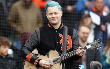 DETROIT, MI - APRIL 08:  Jack White sings the national anthem prior to the game between the Chicago White Sox and the Detroit Tigers at Comerica Park on Friday, April 8, 2022 in Detroit, Michigan. (Photo by Mike Mulholland/MLB Photos via Getty Images)