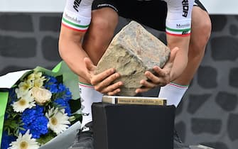 Italian Sonny Colbrelli of Bahrain Victorious celebrates on the podium after winning the men elite race of the 'Paris-Roubaix' cycling event, 257,7km from Compiegne to Roubaix, France on Sunday 03 October 2021. BELGA PHOTO DAVID STOCKMAN (Photo by DAVID STOCKMAN/Belga/Sipa USA)
