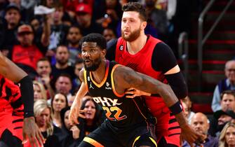 PHOENIX, AZ - NOVEMBER 4: Deandre Ayton #22 of the Phoenix Suns plays defense on Jusuf Nurkic #27 of the Portland Trail Blazers during the game on November 4, 2022 at Footprint Center in Phoenix, Arizona. NOTE TO USER: User expressly acknowledges and agrees that, by downloading and or using this photograph, user is consenting to the terms and conditions of the Getty Images License Agreement. Mandatory Copyright Notice: Copyright 2022 NBAE (Photo by Barry Gossage/NBAE via Getty Images)