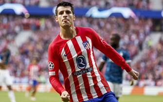 epa10899888 Atletico Madrid's striker Alvaro Morata celebrates after scoring the 1-1 goal during the UEFA Champions League Group E soccer match between Atletico Madrid and Feyenoord, in Madrid, Spain, 04 October 2023.  EPA/SERGIO PEREZ