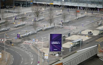 epa11978121 The empty forecourt at Terminal 3 at Heathrow Airport in London, Britain, 21 March 2025. Heathrow Airport on 21 March announced it would be closed all day, following a power outage 'due to a fire at an electrical substation supplying the airport'.  EPA/TOLGA AKMEN