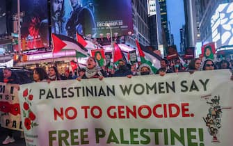 NEW YORK, US - JANUARY 12: Pro-Palestinians in New York City join 'Shut down colonial feminism' rally in front of Senator Kristen Gillibrand's office, UN Women office and New York Times building on Friday, January 12, 2024. (Photo by Selcuk Acar/Anadolu via Getty Images)