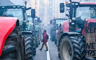 A woman pass between rows of tractors in the Belliard street during a protest action in the European district in Brussels, organised by general farmers union ABS (Algemeen Boerensyndicaat) to demand better conditions to grow, produce and maintain a proper income, on the day of a European Council meeting, on February 1st, 2024. (Photo by DIRK WAEM / Belga / AFP) / Belgium OUT (Photo by DIRK WAEM/Belga/AFP via Getty Images)