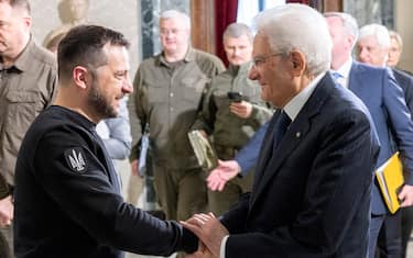 A handout picture made available by the Quirinal Presidential Palace (Palazzo del Quirinale) Press Office shows Italian President Sergio Mattarella (R) posing with Ukrainian President Volodymyr Zelensky (L) as he arrives at Quirinale Palace for a meeting in Rome, Italy, 13 May 2023. It is the first time for Zelensky to come to Italy since the start of the Russian invasion of Ukraine in February 2022.rrives at Quirinale Palace for a meeting in Rome, Italy, 13 May 2023.
ANSA/i Paolo Giandotti - Ufficio Stampa per la Stampa e la Comunicazione della Presidenza della Repubblica ANSA PROVIDES ACCESS TO THIS HANDOUT PHOTO TO BE USED SOLELY TO ILLUSTRATE NEWS REPORTING OR COMMENTARY ON THE FACTS OR EVENTS DEPICTED IN THIS IMAGE; NO ARCHIVING; NO LICENSING NPK