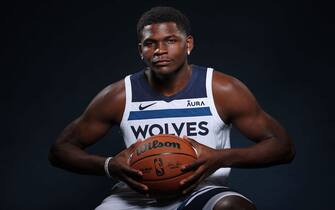 MINNEAPOLIS, MN -  SEPTEMBER 28: Anthony Edwards #5 of the Minnesota Timberwolves poses for a portrait during 2023 NBA Media Day on September 28, 2023 at Target Center in Minneapolis, Minnesota. NOTE TO USER: User expressly acknowledges and agrees that, by downloading and or using this Photograph, user is consenting to the terms and conditions of the Getty Images License Agreement. Mandatory Copyright Notice: Copyright 2023 NBAE (Photo by David Sherman/NBAE via Getty Images)