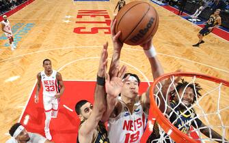 BROOKLYN, NY - OCTOBER 29: Goga Bitadze #88, James Johnson #16 of the Indiana Pacers plays defense on Yuta Watanabe #18 of the Brooklyn Nets during the game on October 29, 2022 at Barclays Center in Brooklyn, New York. NOTE TO USER: User expressly acknowledges and agrees that, by downloading and or using this Photograph, user is consenting to the terms and conditions of the Getty Images License Agreement. Mandatory Copyright Notice: Copyright 2022 NBAE (Photo by Nathaniel S. Butler/NBAE via Getty Images)