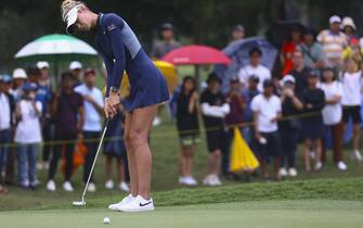 epa10944384 Nelly Korda of the USA hits a shot during the third round of the LPGA Maybank Championship 2023 in Kuala Lumpur, Malaysia, 28 October 2023.  EPA/FAZRY ISMAIL