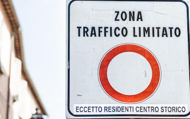 Zona Traffico Limitato, ZTL limited traffic zone sign in little, small Italian town restricting cars to historical, historic center of Orvieto, Italy